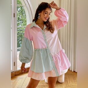 Striped Pink and Green Button-Up Blouse